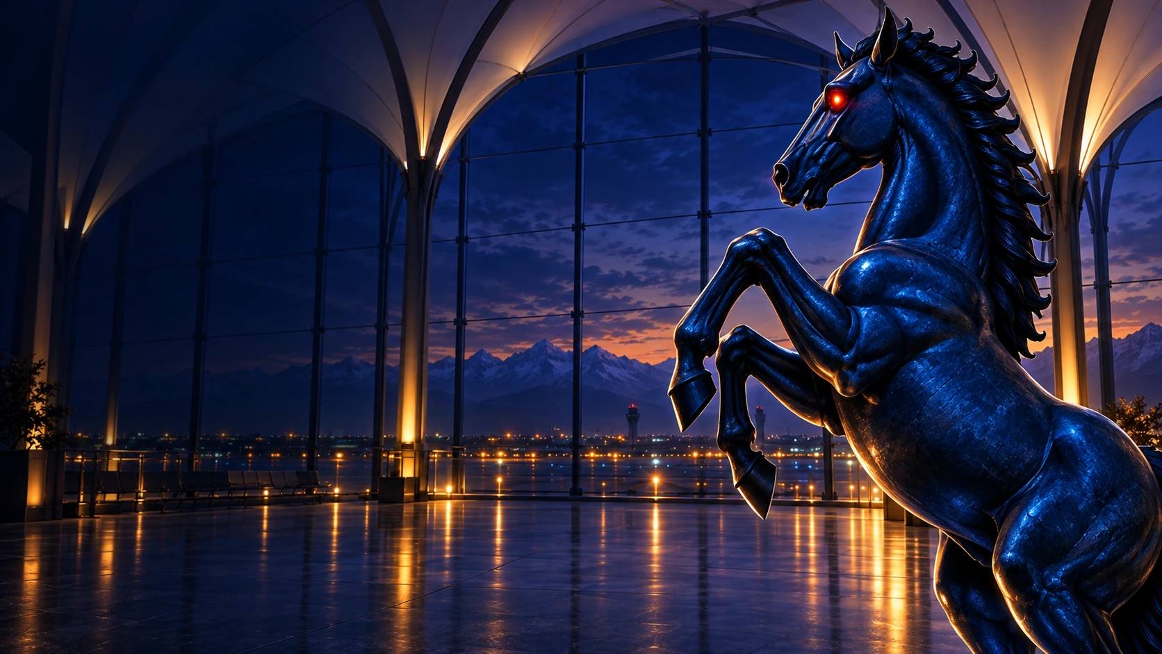 Caballo azul en la misteriosa terminal nocturna de Denver